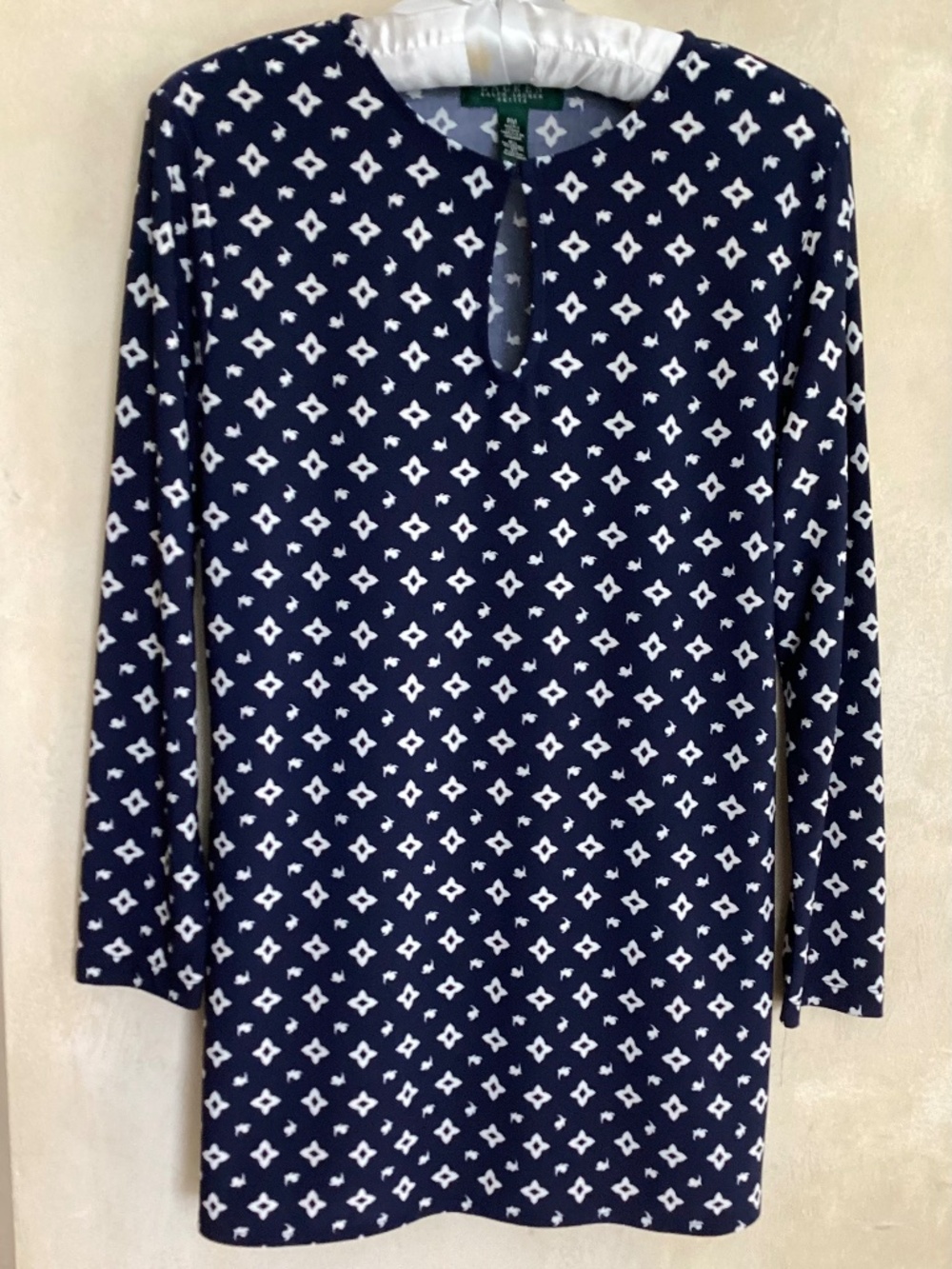 LAUREN RALPH LAUREN BLUE WHITE LONG SLEEVE TUNIC TOP SIZE MP